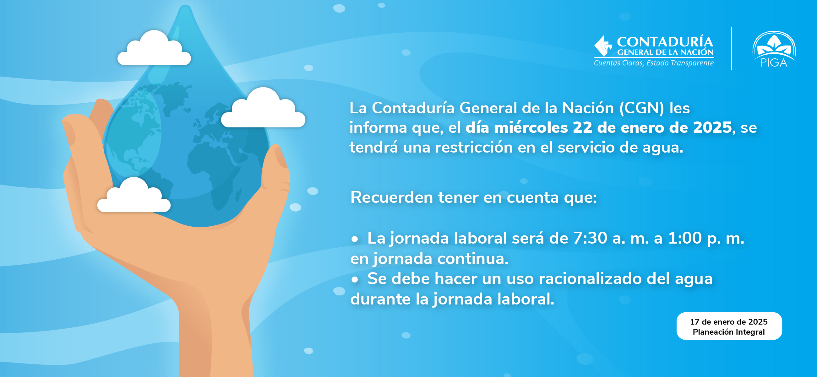 Novedad en el servicio de agua en la Contaduría General de la Nación