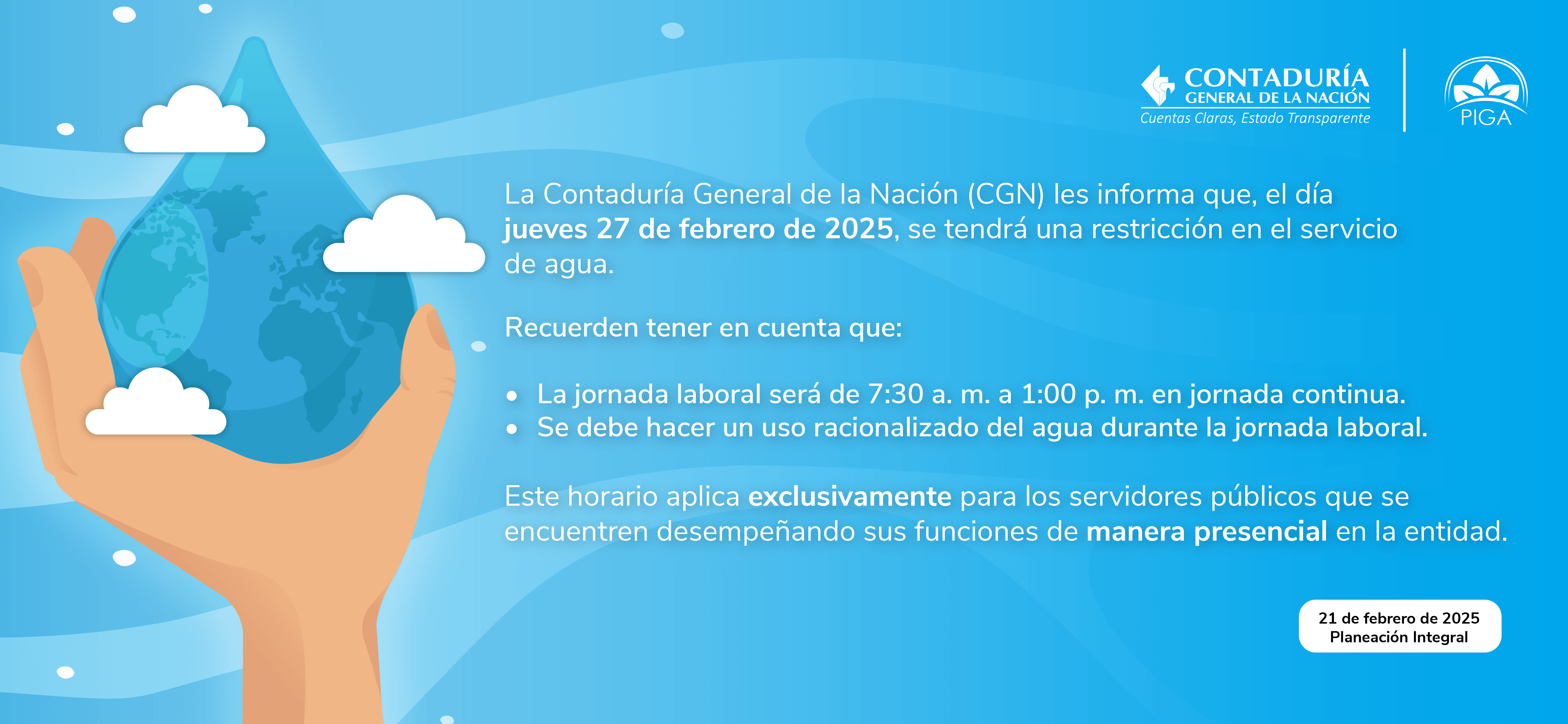 Novedad en el servicio de agua en la Contaduría General de la Nación