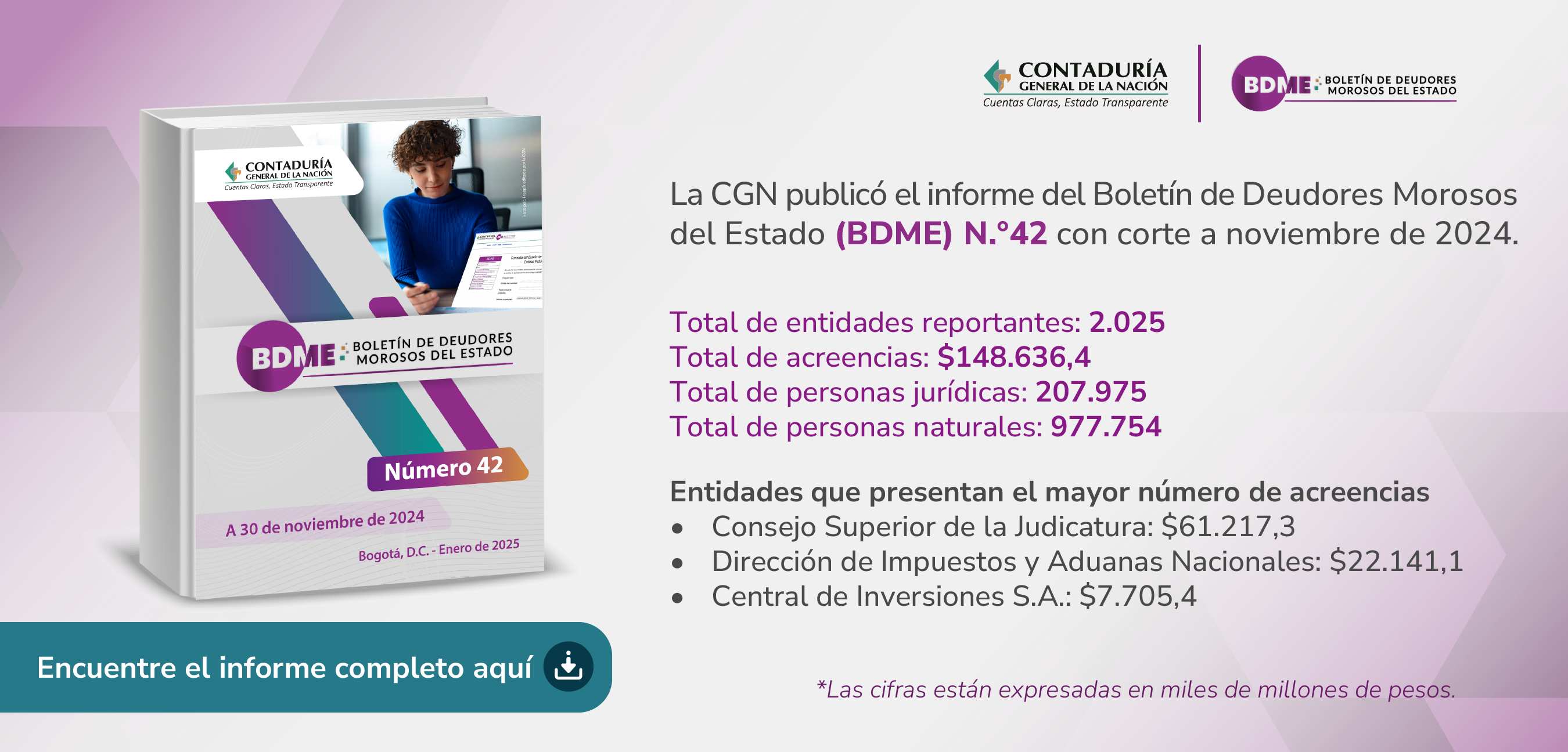 Publicación Informe Boletín de Deudores Morosos del Estado – BDME N.°42 con corte a noviembre de 2024