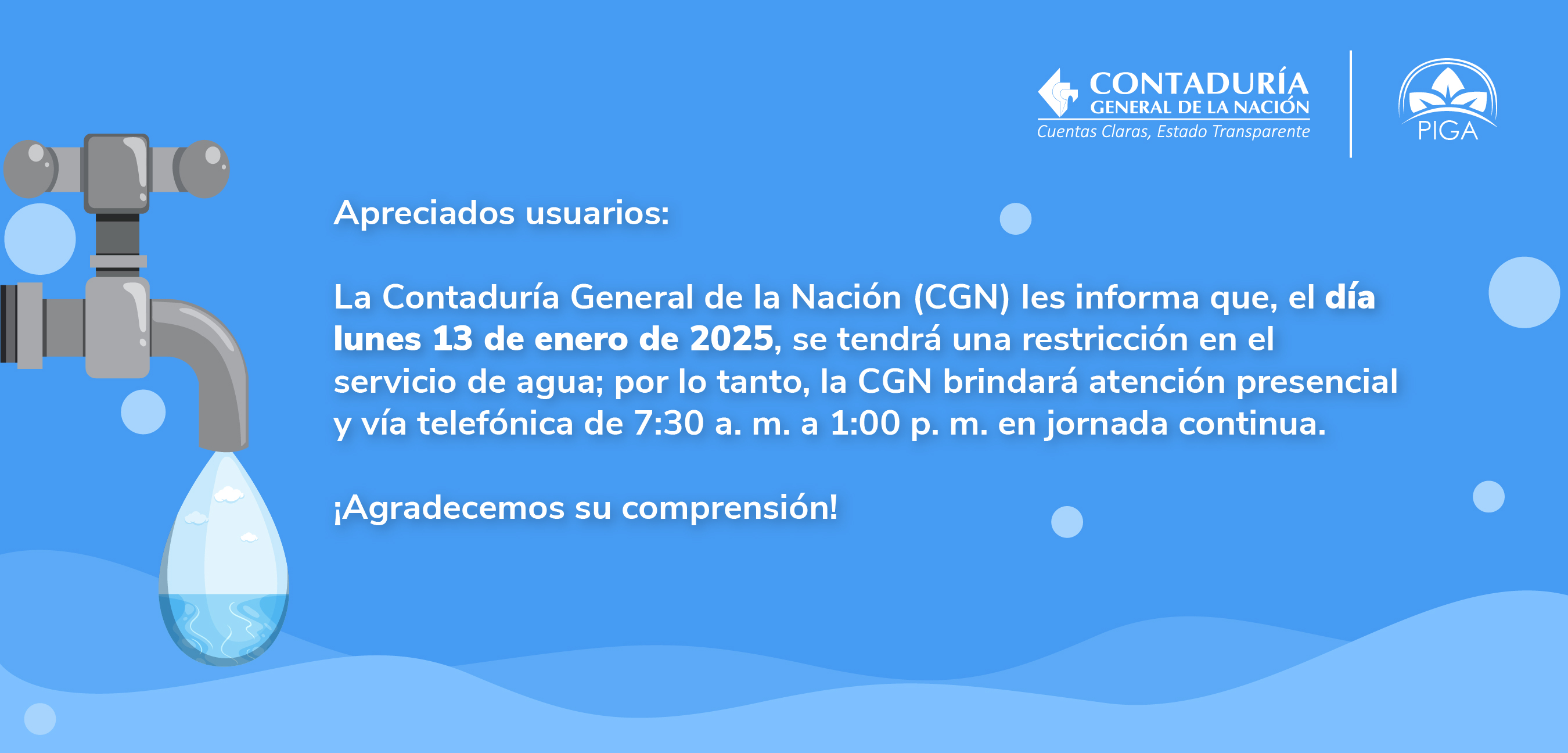 Novedad en el servicio de agua en la Contaduría General de la Nación