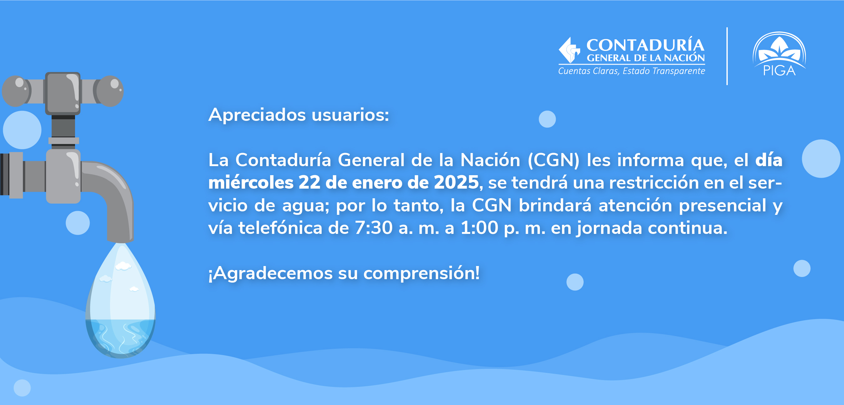 Novedad en el servicio de agua en la Contaduría General de la Nación