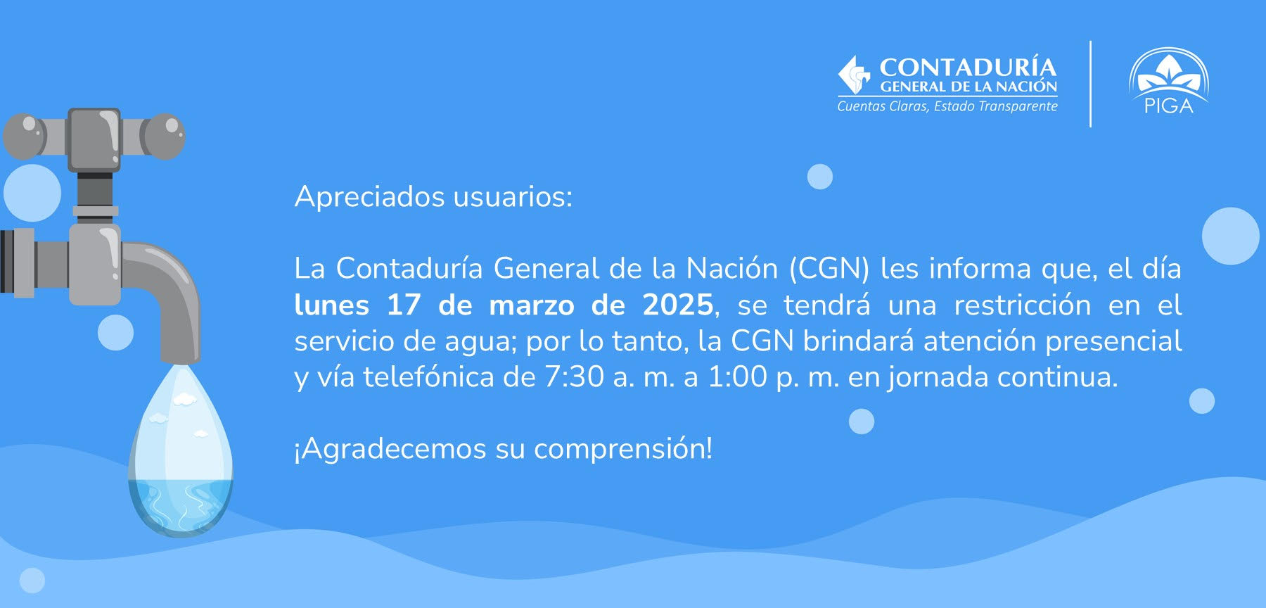 Novedad en el servicio de agua en la Contaduría General de la Nación